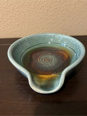 Handcrafted Art Pottery Ceramic Large Spoon Rest in Light Blue & Amber Swirls